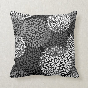 Coussin floral noir et blanc - chrysanthème