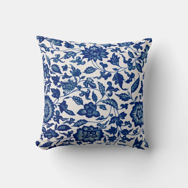 Coussin Floral ornemental bleu chinois (Recto)