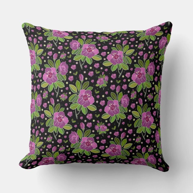 Coussin Floral Pattern Lilac Pink Green Black (Recto)