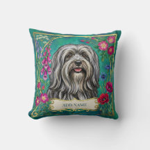 Coussin floral personnalisé gris clair Lhasa Apso