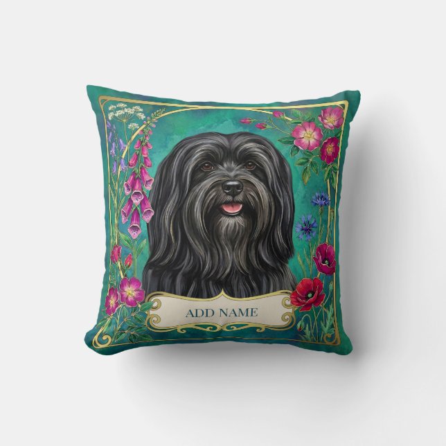 Coussin floral personnalisé Lhasa Apso noir (Recto)