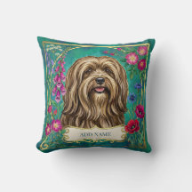 Coussin floral personnalisé rouge doré Lhasa Apso
