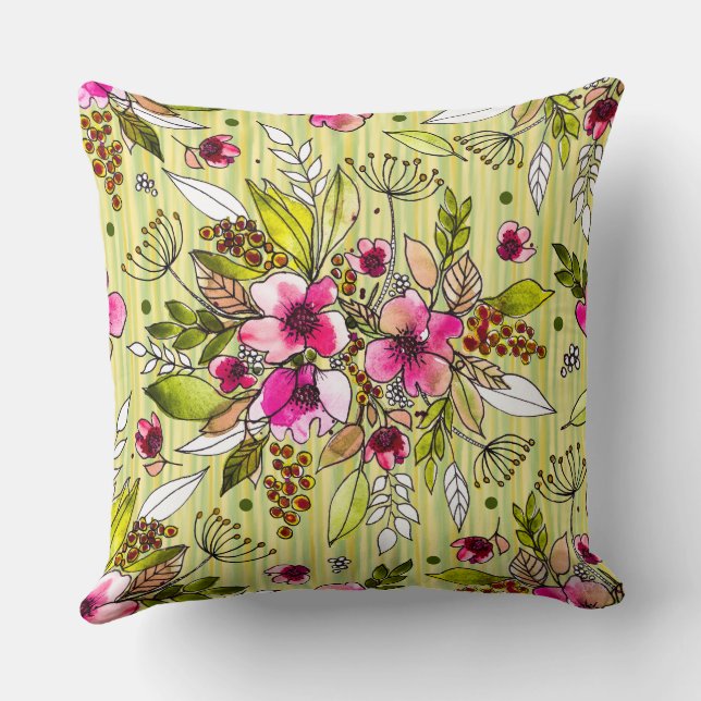 Coussin Floral rose Amanda sur les rayures vert jaune (Verso)
