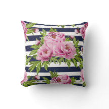 Coussin floral rose et bleu marine