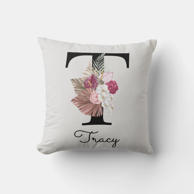 Coussin Floral rose monogramme T initial (Recto)