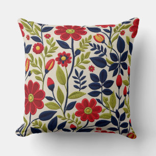 Coussin Floral rouge, vert, bleu et blanc