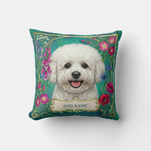Coussin floral sarcelle personnalisé Bichon Frise
