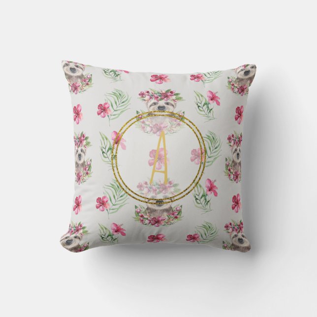 Coussin Floral SLOTH Monogramme Motif Girls Nursery Room (Recto)