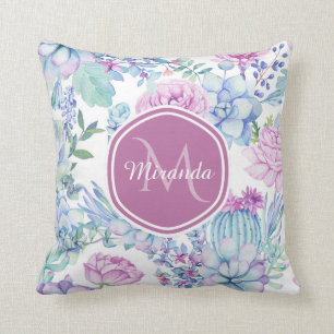 Coussin Floral succulent pourpre et bleu élégant avec le