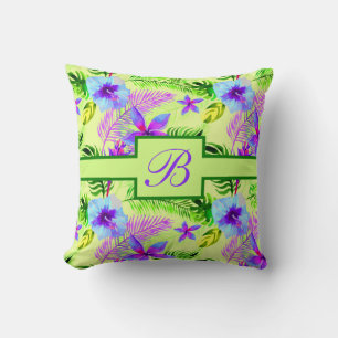 Coussin Floral vert pourpre jaune Hibiscus Fleur initiale