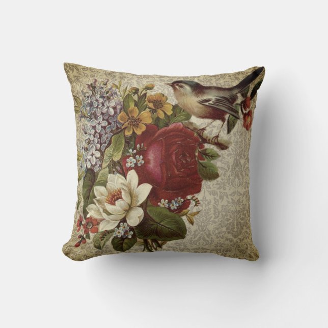 Coussin Floral vintage & Oiseau (Recto)