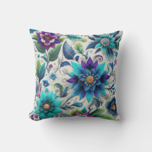 Coussin Flore blanc violet turquoise
