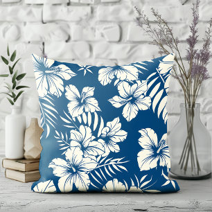 Coussin Flore bleu tropical et blanc