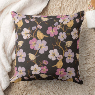Coussin Flore et oiseaux de traînée à Whimsical - Noir/Gri