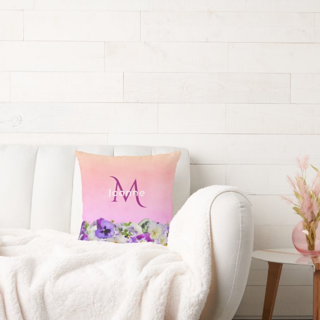 Coussin Flores rose violet nom monogramme (Canapé)