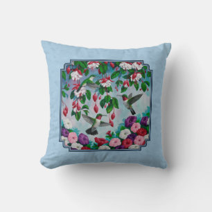 Coussin Flower Garden and Hummingbirds Blue