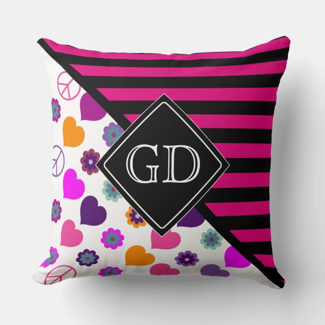 Coussin Flower Power Heart Peace Motif + votre backgr. (Recto)