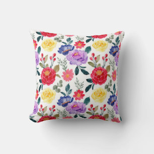 Coussin Flowers Red Blue and Purple Watercolor