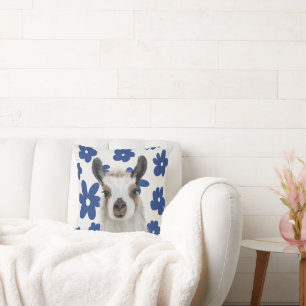 Coussin Fluffy Llama Blue Retro Flowers