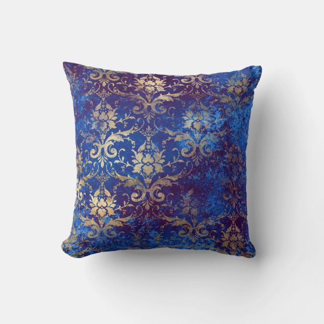 Coussin Flux de travail de défilement d'or sur bleu (Recto)