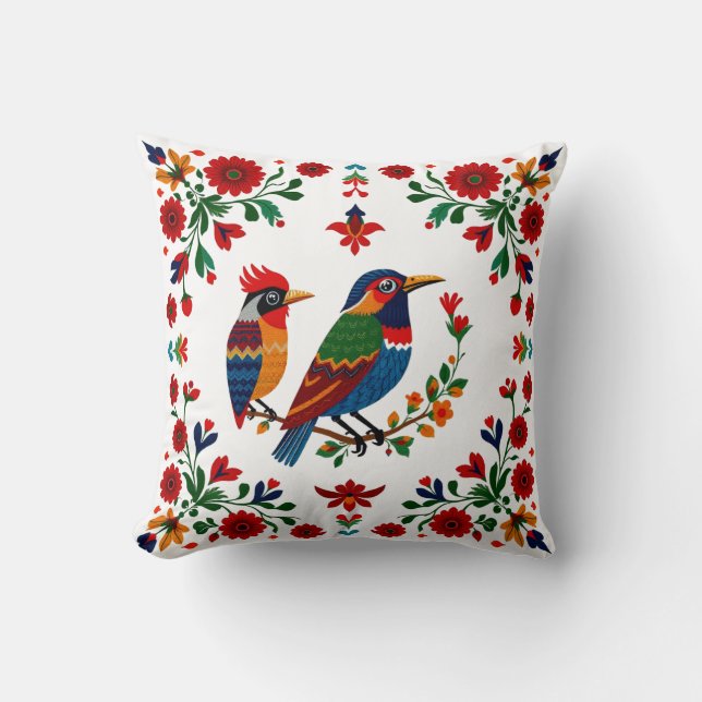 Coussin Folk Art Birds & Blooms – Symmetrical Natural (Recto)