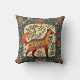 Coussin Folk Art Fox et Fleurs Turquoise Blue Cream