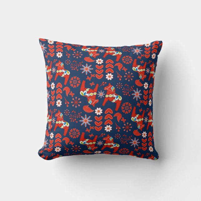 Coussin Folk Art Rouge suédois Dala Horse Floral sur bleu (Recto)
