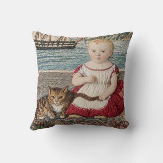 Coussin Folk Art Sampler Scene Child With Cat