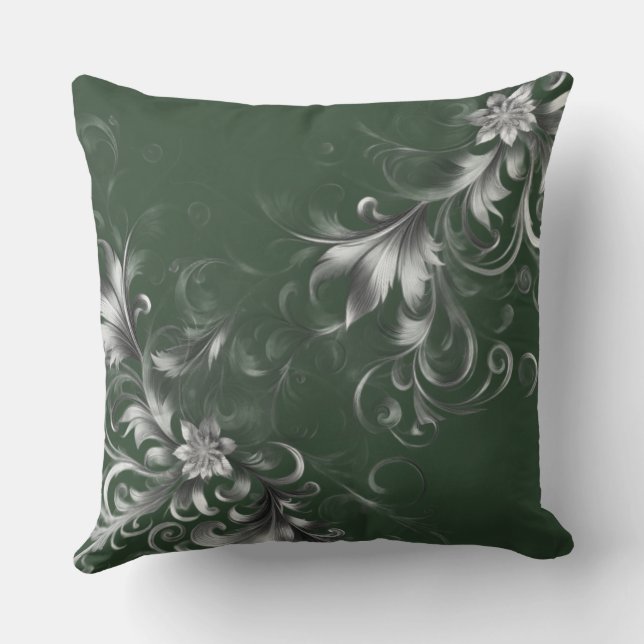 Coussin Forest Green Pillow with Elegant Silver Accents (Verso)