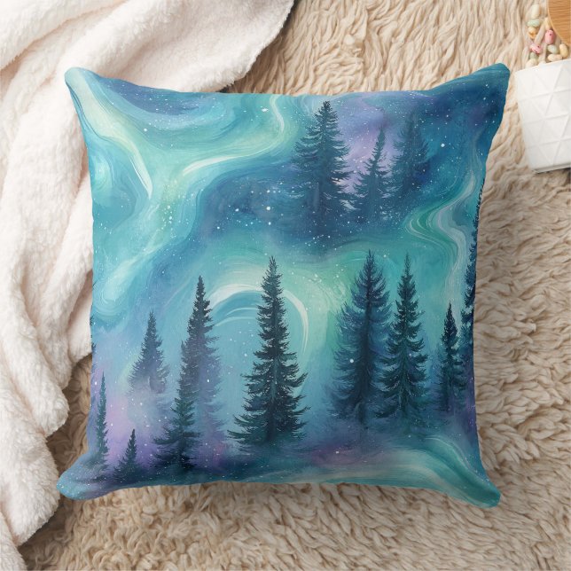 Coussin Forêt Aurore Boréale à l'aquarelle (Couverture)