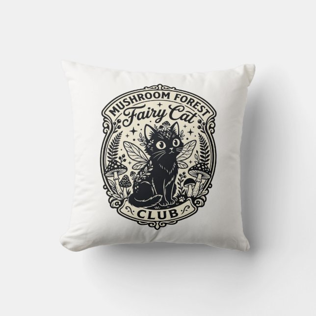 Coussin Forêt de champignons Fée Chat Drôle Chat Graphique (Recto)