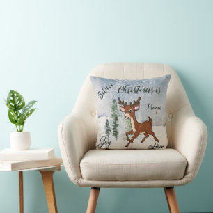 Coussin Forêt de neige avec un cerf de bébé Noël