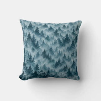 Coussin Forêt de pins bleu givré motif aquarelle