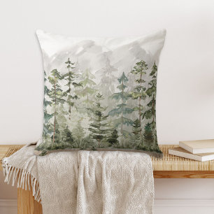 Coussin Forêt de pins verte aquarelle sur montagne