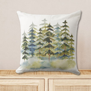Coussin Forêt de pins verte brumeuse à l'aquarelle