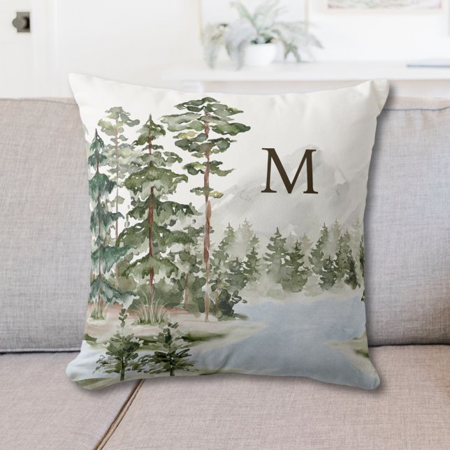 Coussin Forêt de pins verts et lac monogrammés (In situ)