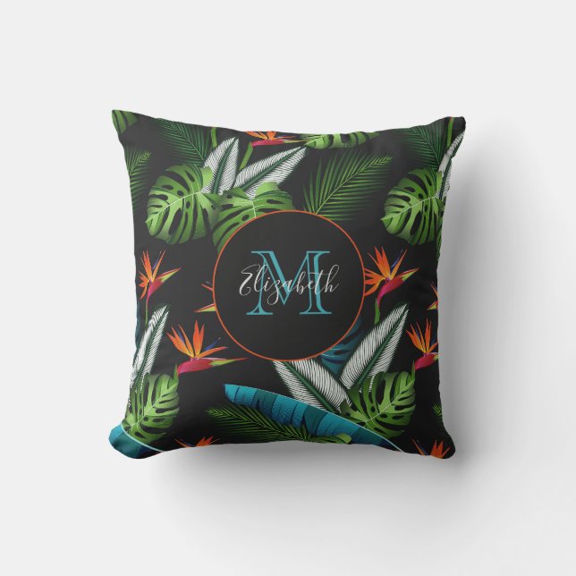 Coussin Forêt jungle feuillage vert feuille noir (Recto)