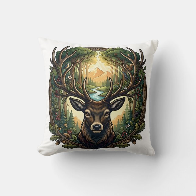 Coussin Forêt Majestueuse Cerf Nature Art Faune (Recto)