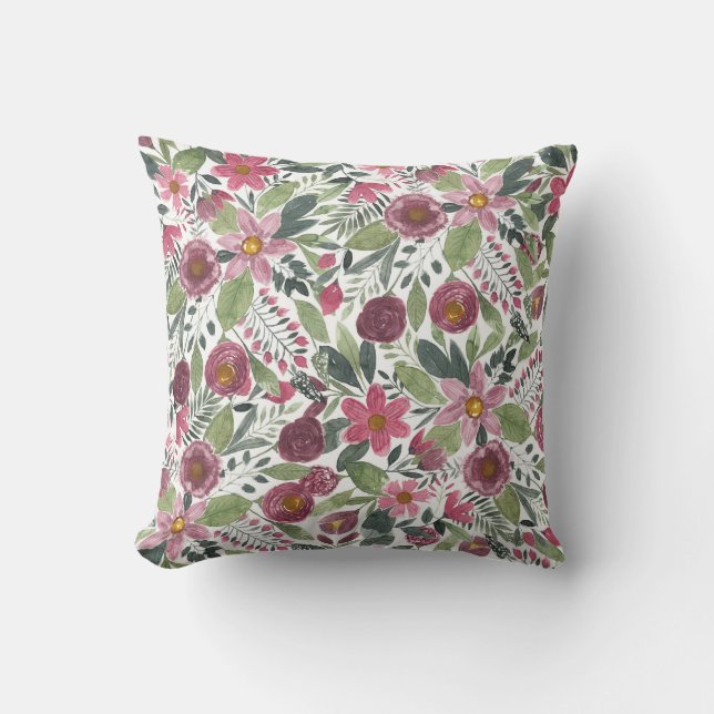 Coussin Forêt rose Mauve Vert Aquarelle Fleurs Feuilles (Recto)