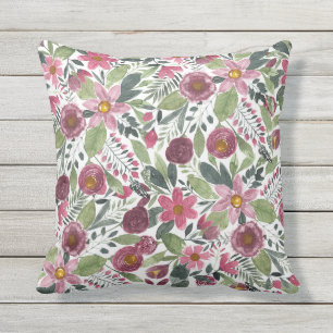 Coussin Forêt rose Mauve Vert Aquarelle Fleurs Feuilles