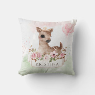 Coussin Forêt Woodland Baby Girl Deer Watercolor Nom