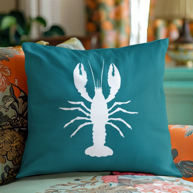 Coussin Forme de homard bleu et blanc turquoise (Teal Blue and White Lobster Shape Throw Pillow)