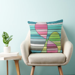 Coussin Formes courbes abstraites rayées roses et vertes