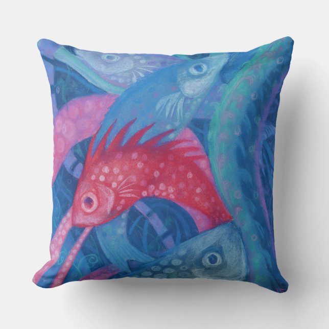 Coussin frai, poisson, art sous-marin, pastel, bleu, rose (Recto)