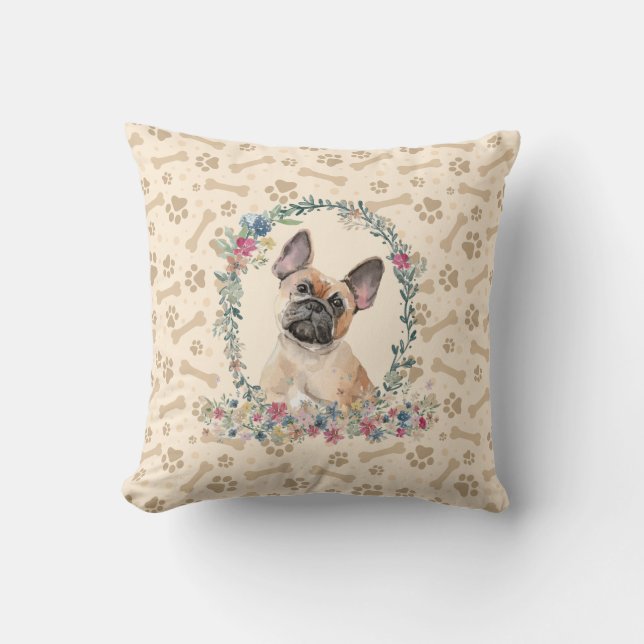 Coussin Français Bulldog Empreinte de patte & Floral Cute (Recto)
