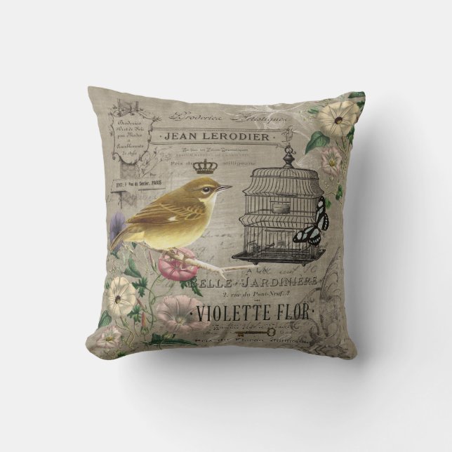 Coussin français vintage d'oiseau de jardin (Recto)