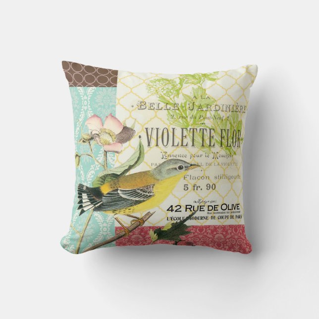 Coussin français vintage moderne d'oiseau (Recto)