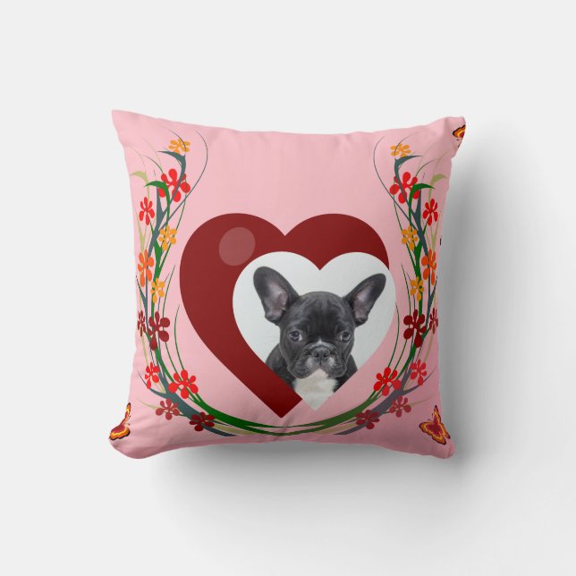 Coussin French Bulldog avec Fleurs du Coeur Papillons Cous (Recto)