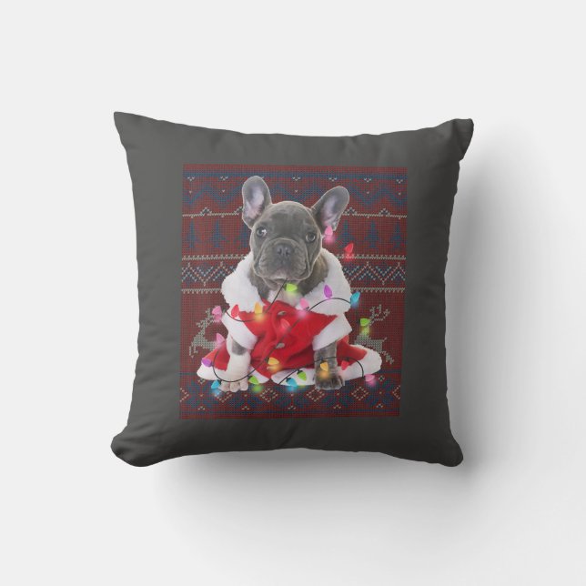 Coussin French bulldog Christmas Lights Ugly Sweater Dog (Recto)