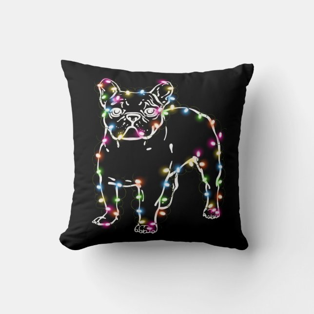 Coussin Frenchie avec les lumières de Noël Joyeux Noël (Recto)
